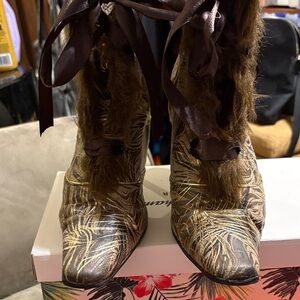 Faux-Fur Trim Brown Patterned Heeled Ankle Boots